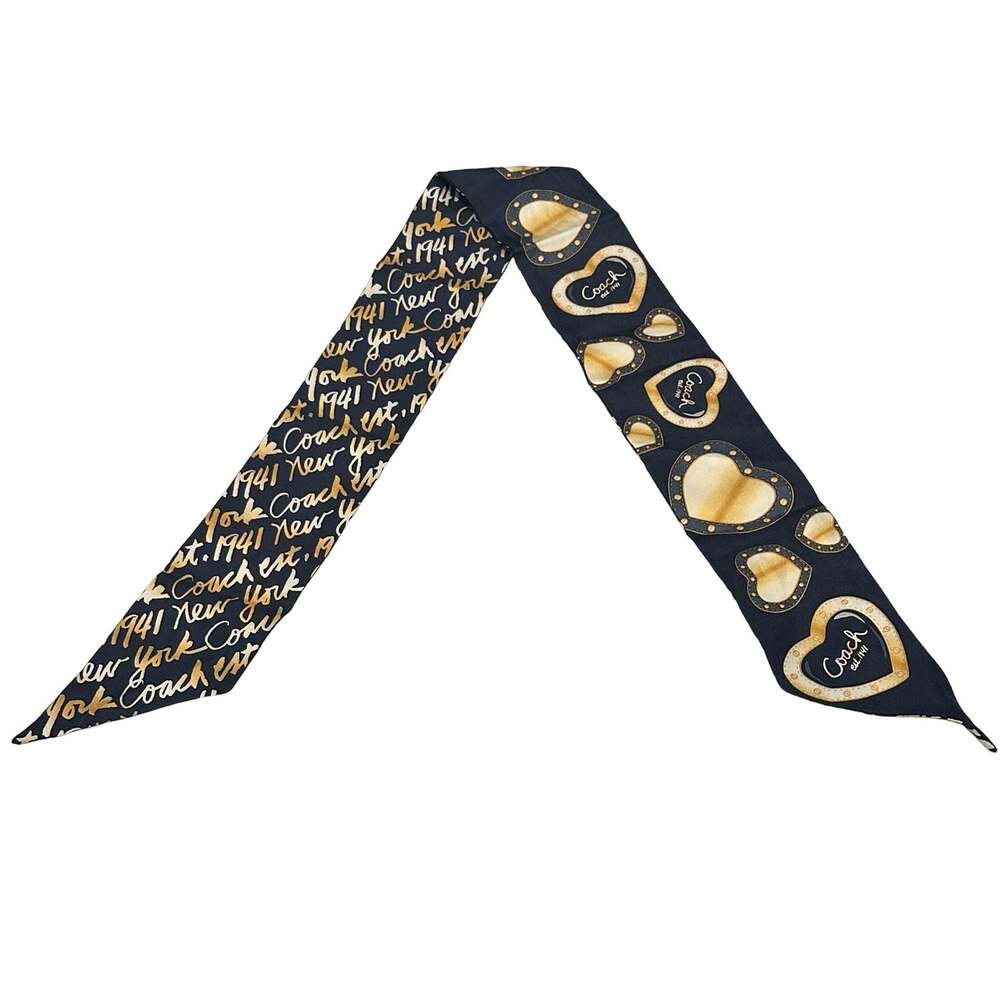 Coach Est. 1941 Gold Heart Print Skinny Silk Purse Bag Scarf